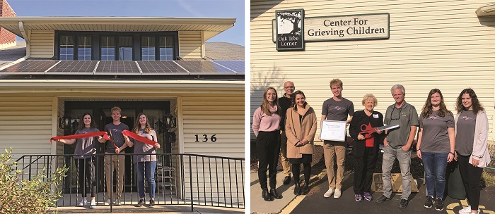 A Solar Ribbon Cutting Event is hosted by the University of Dayton solar ambassadors for Oak Tree Corner.