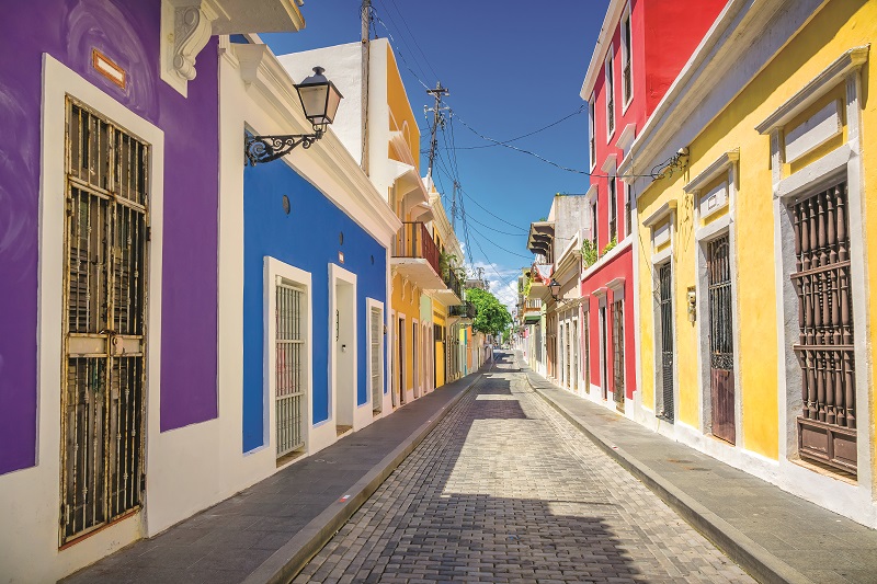 Alleys are cobbled and houses are colorful in this older section of San Juan, Puerto Rico.