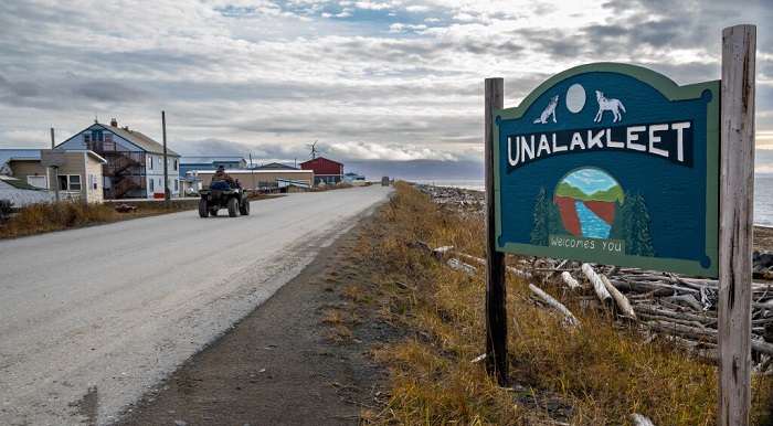 A sign welcomes visitors to Unalakleet, Alaska, a remote village on the coast of the Bering Sea, about 400 miles northwest of Anchorage.