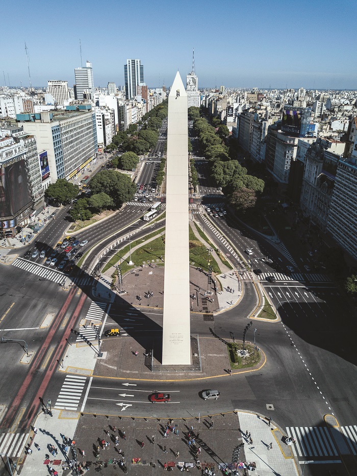 An obelisk stands in the city of Buenos Aires, Argentina, overlooking 9 de Julio Avenue.