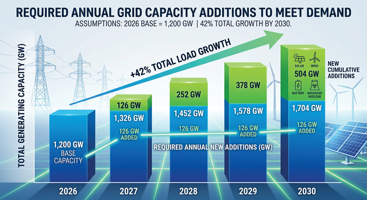 In order to meet anticipated load growth, the grid will need to unlock over 120 GW of new power sources each year through 2030.